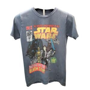 VINTAGE Star Wars Shirt Women Sz S Faded Blue 1977 Grunge All Characters Movie